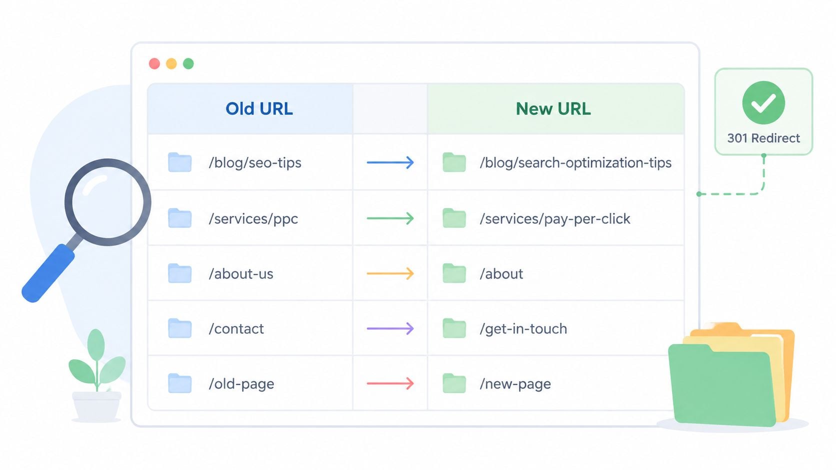 A visual representation of website URL redirection showing how old URLs map to new ones using 301 redirects.