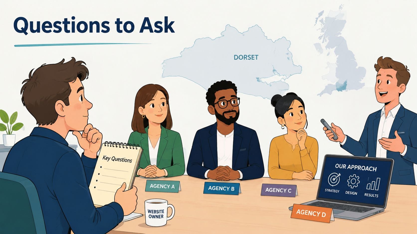 A website owner interviewing representatives from four digital marketing agencies in a professional office boardroom setting.