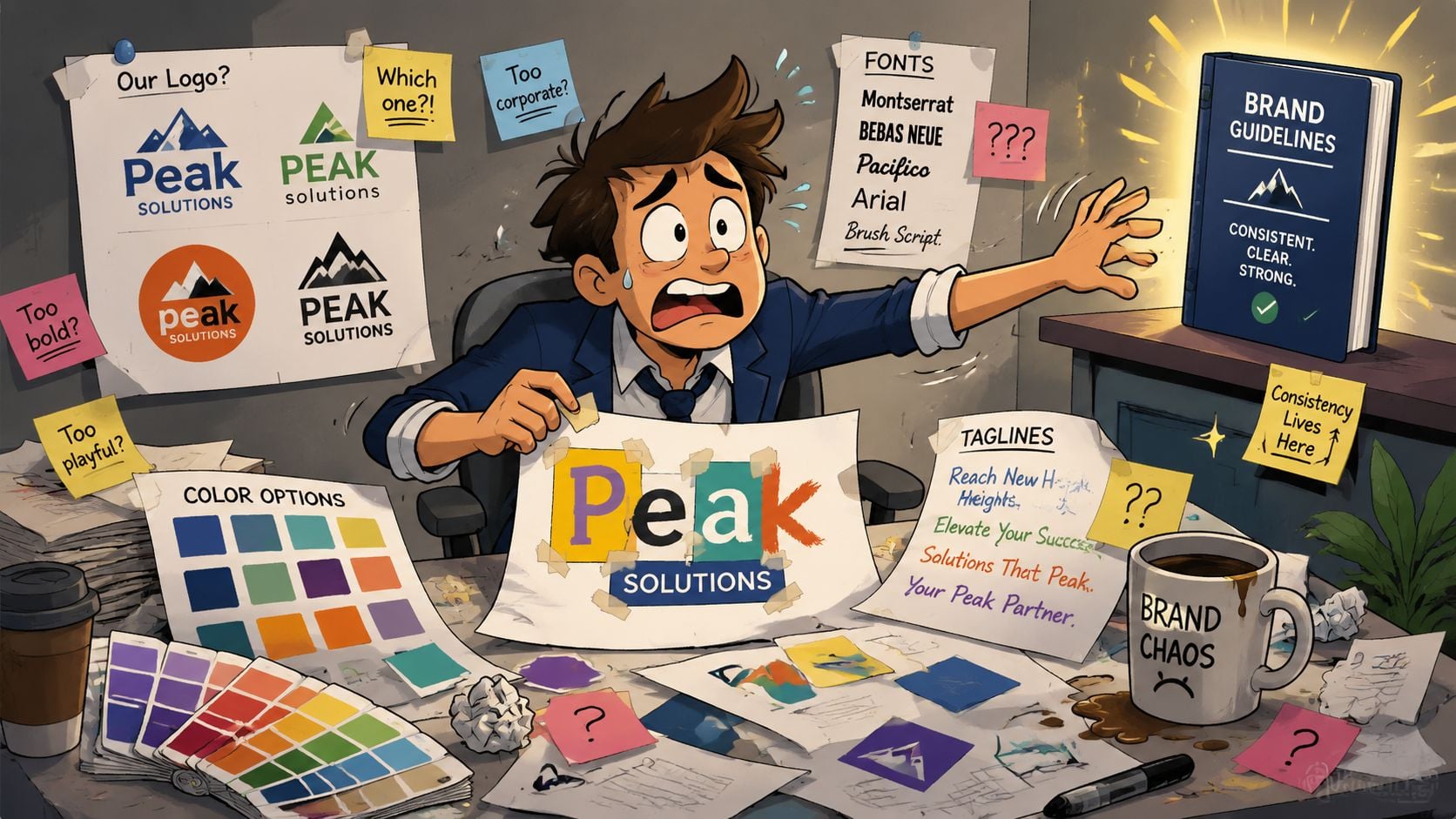 A stressed designer overwhelmed by disorganized brand assets while reaching for a clear brand guidelines book.