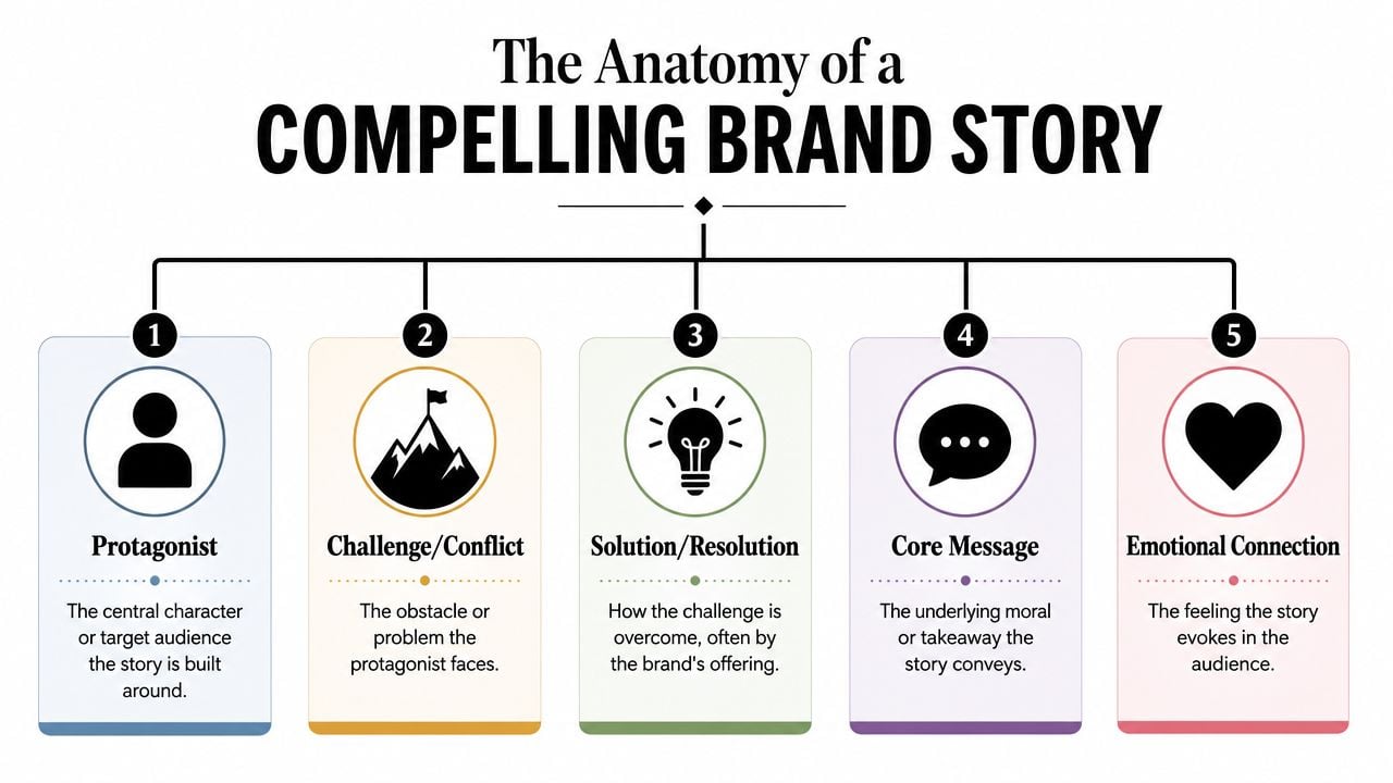 An infographic titled The Anatomy of a Compelling Brand Story showing five essential elements for effective narrative building.
