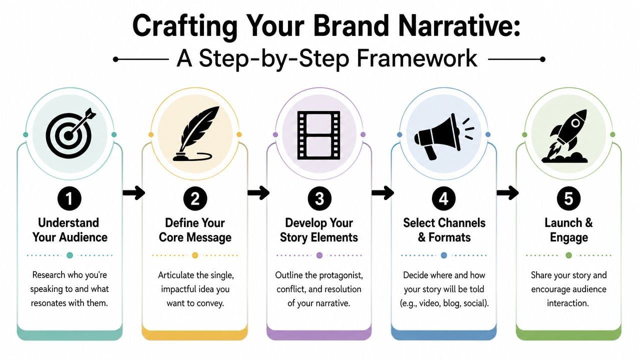 A five-step framework infographic illustrating the essential stages for successfully crafting and launching a brand narrative.