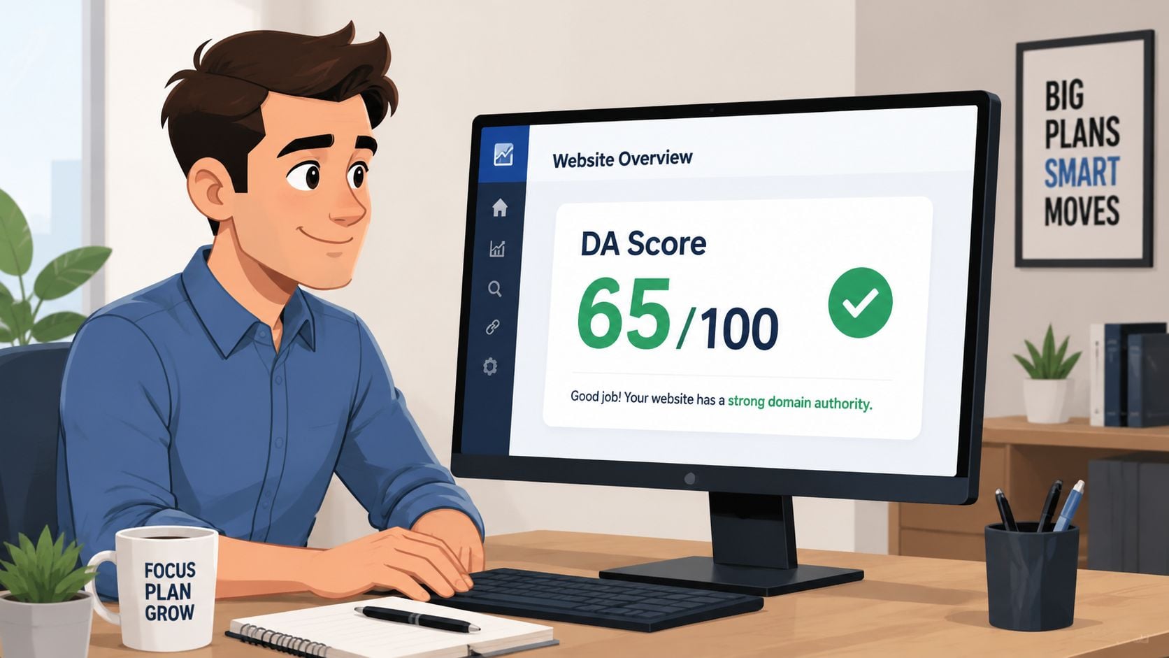A professional man reviewing a high website domain authority score of 65 on his computer monitor.