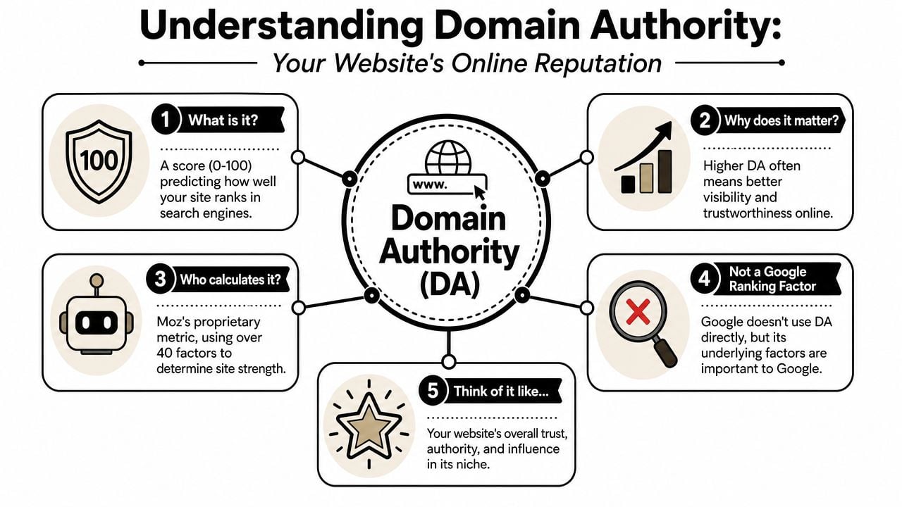 An infographic titled Understanding Domain Authority explaining its definition, importance, and how it is calculated by Moz.