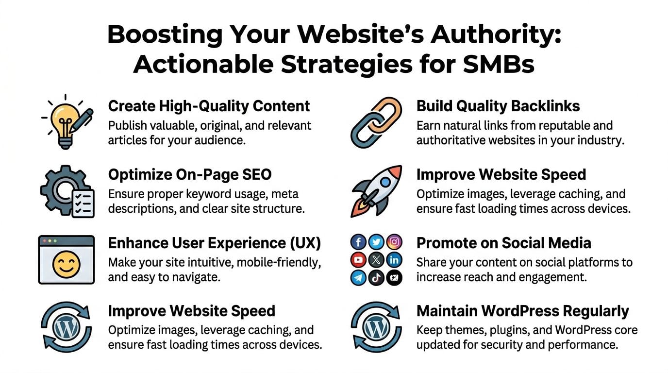 An infographic titled Boosting Your Website Authority showing actionable strategies for small business owners and marketers.
