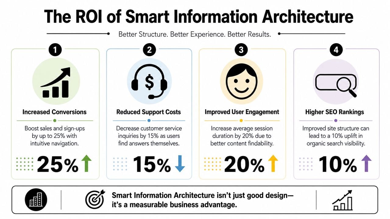 An infographic showing the four business benefits and ROI of smart information architecture in web design.