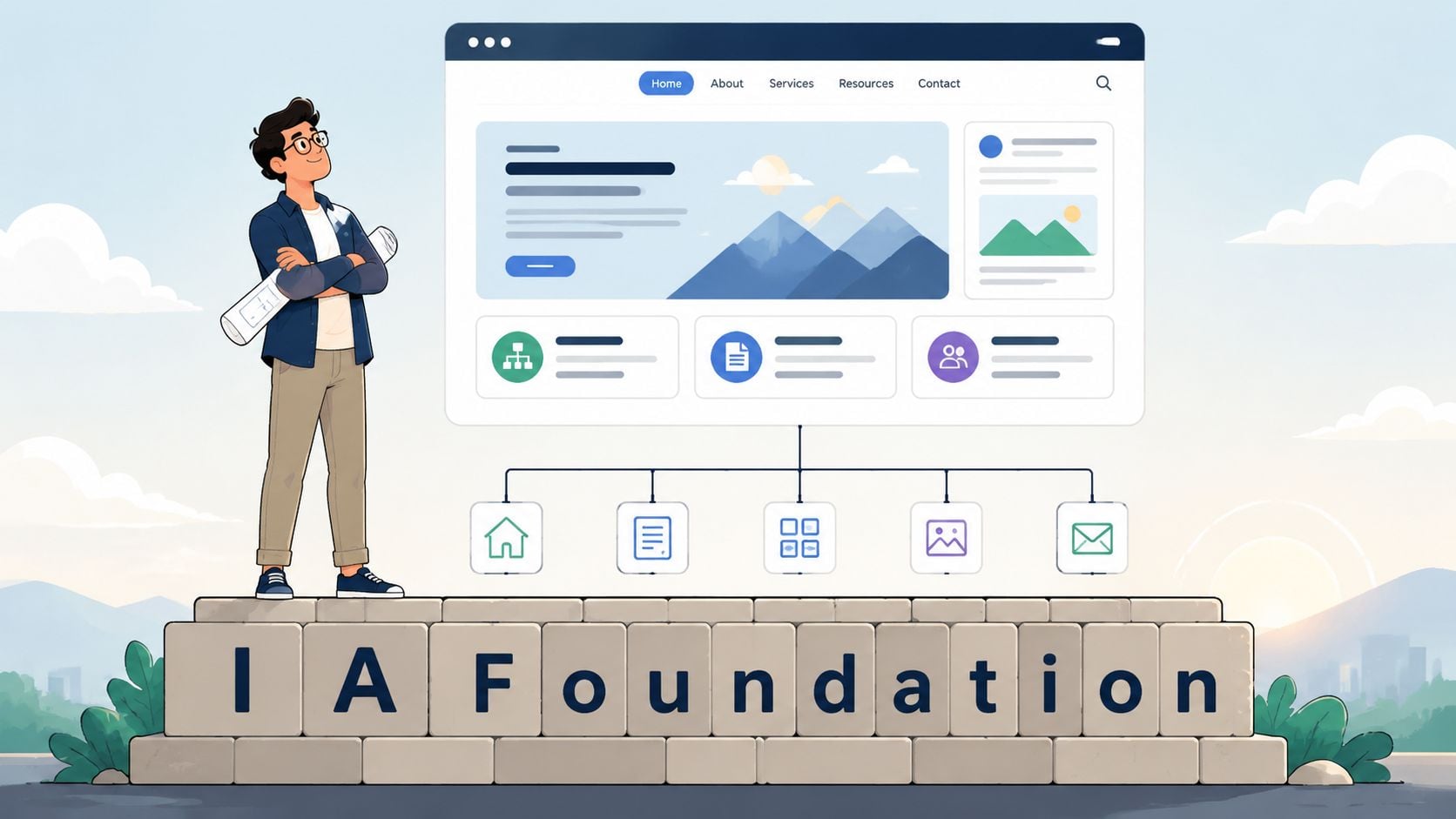 An illustration of an information architect designing a website structure on a solid stone foundation wall.