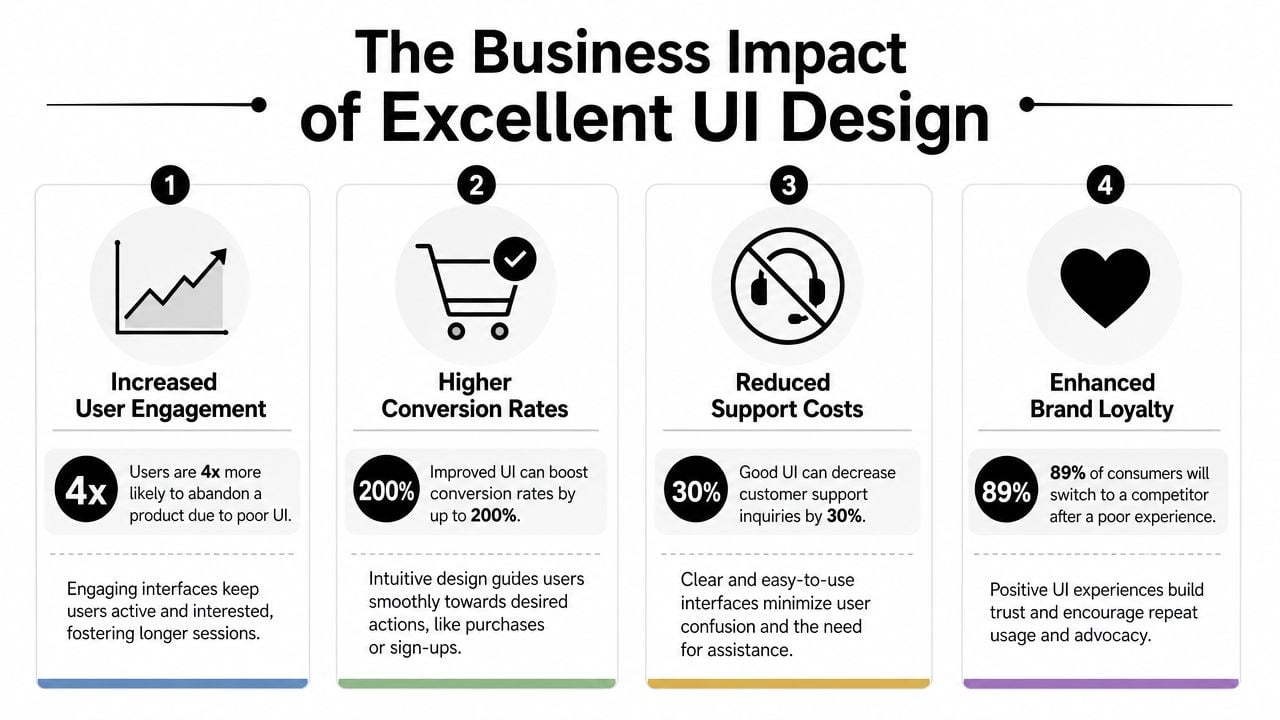 An infographic illustrating the positive business impacts of excellent UI design through four key metrics.