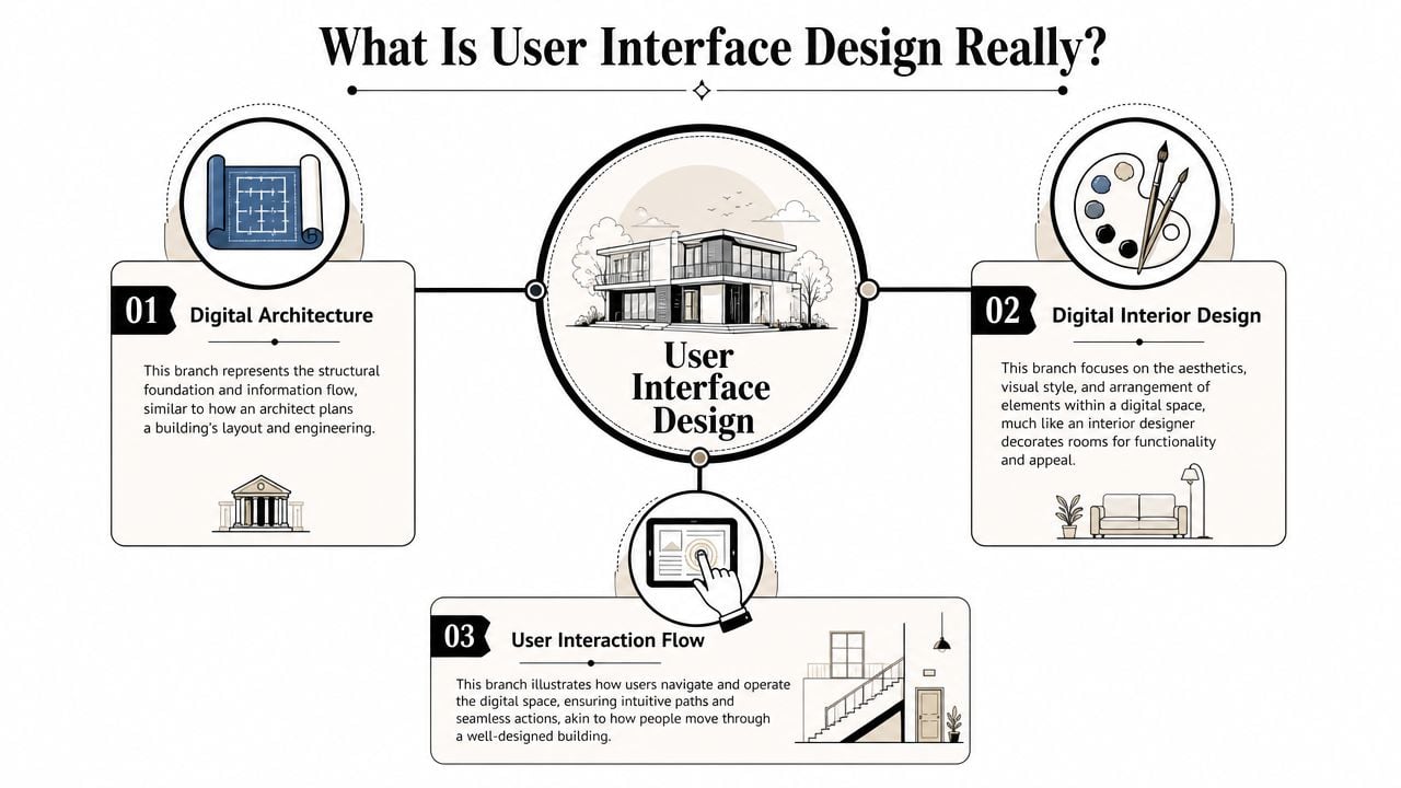 A diagram explaining user interface design by comparing digital architecture, interior design, and user interaction flow.
