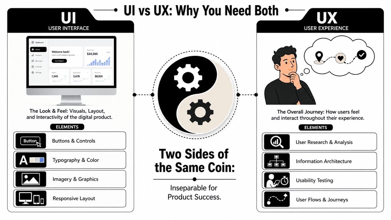 An infographic comparing UI and UX design, highlighting their unique roles and shared importance for product success.