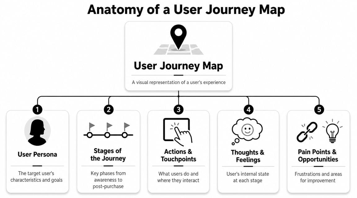 An infographic titled Anatomy of a User Journey Map illustrating its five essential components.