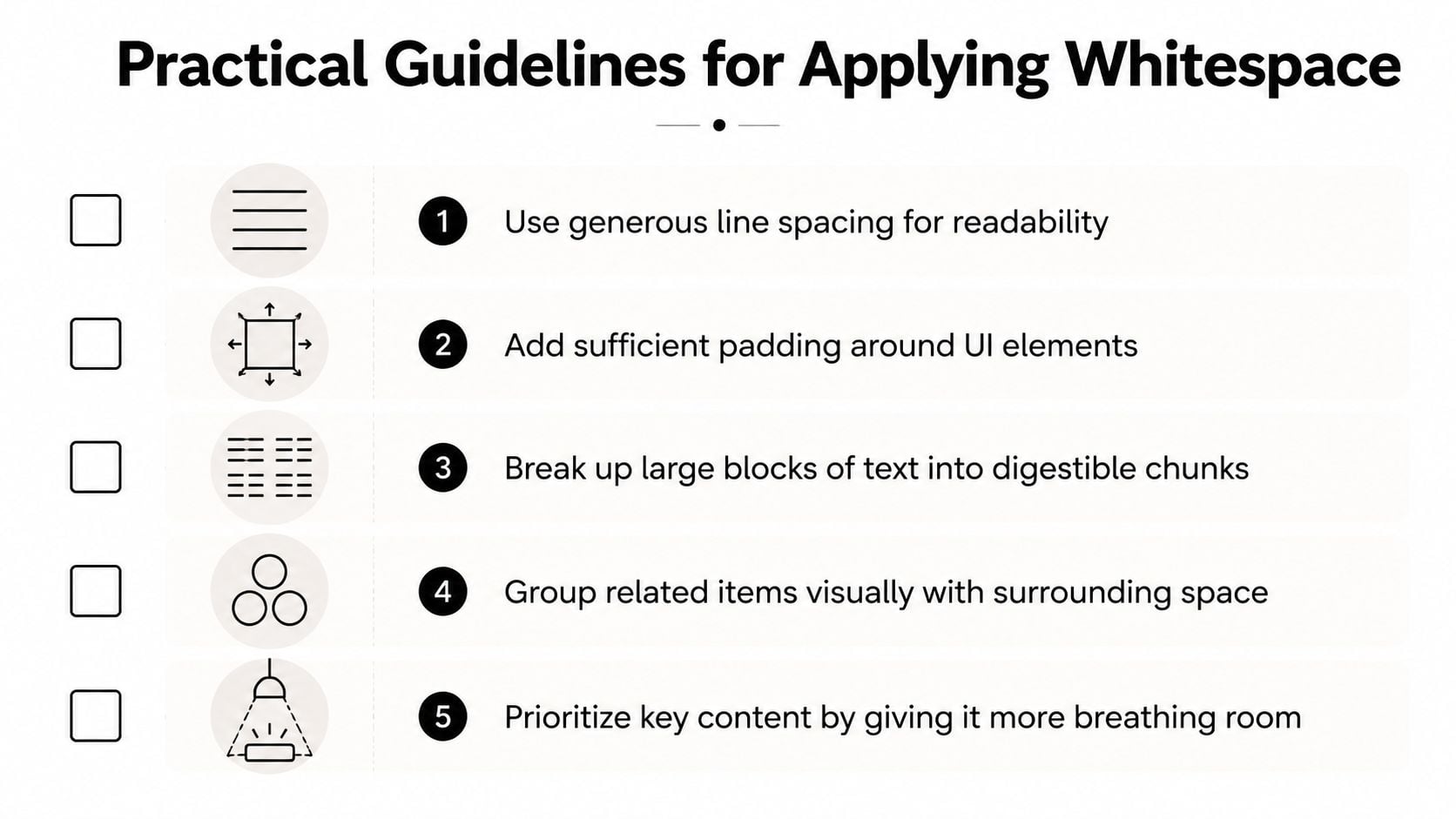 A list of five practical guidelines for applying whitespace in graphic and web design for better readability.