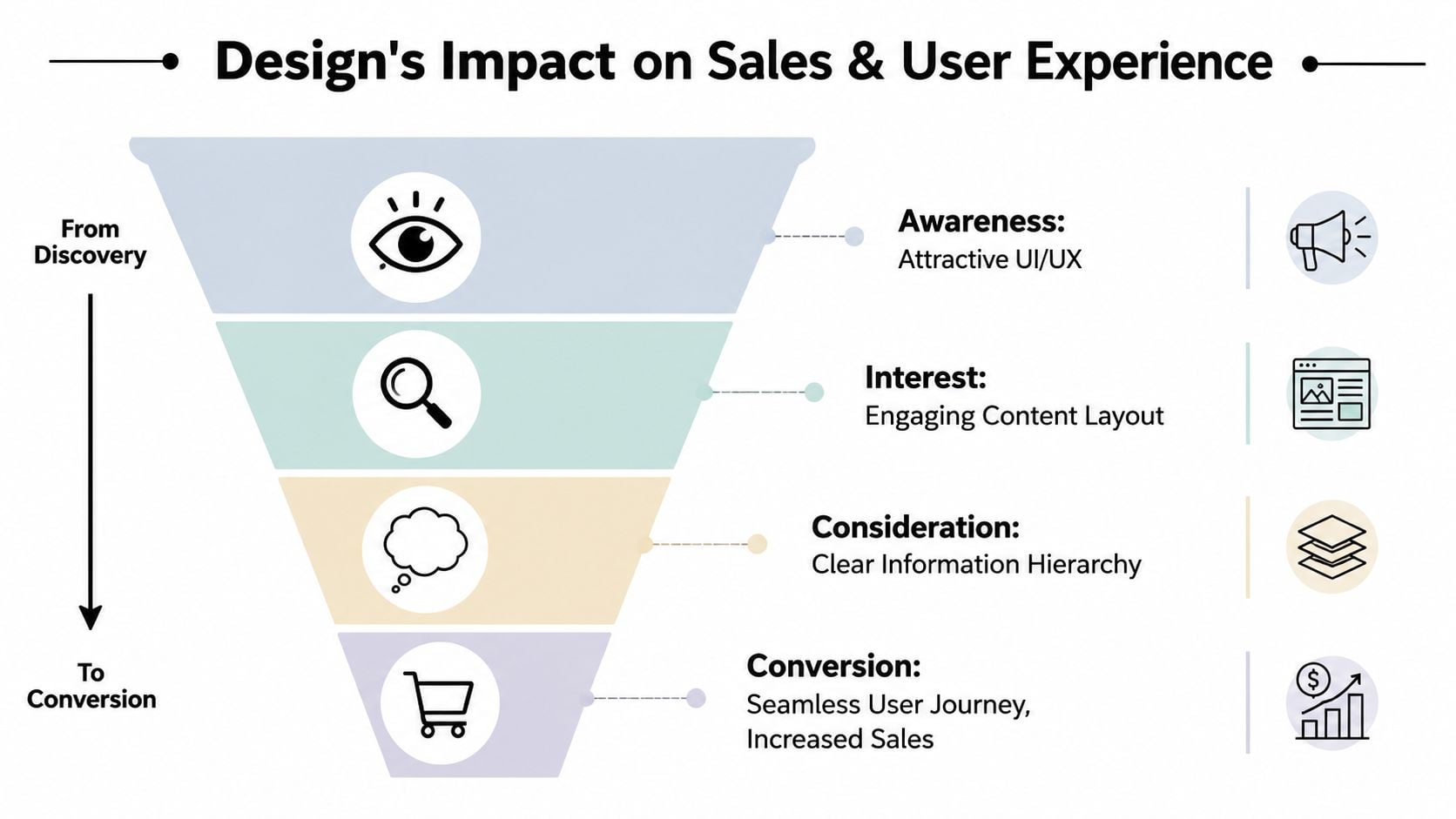 A funnel diagram illustrating how design impacts sales and user experience from discovery to conversion stages.