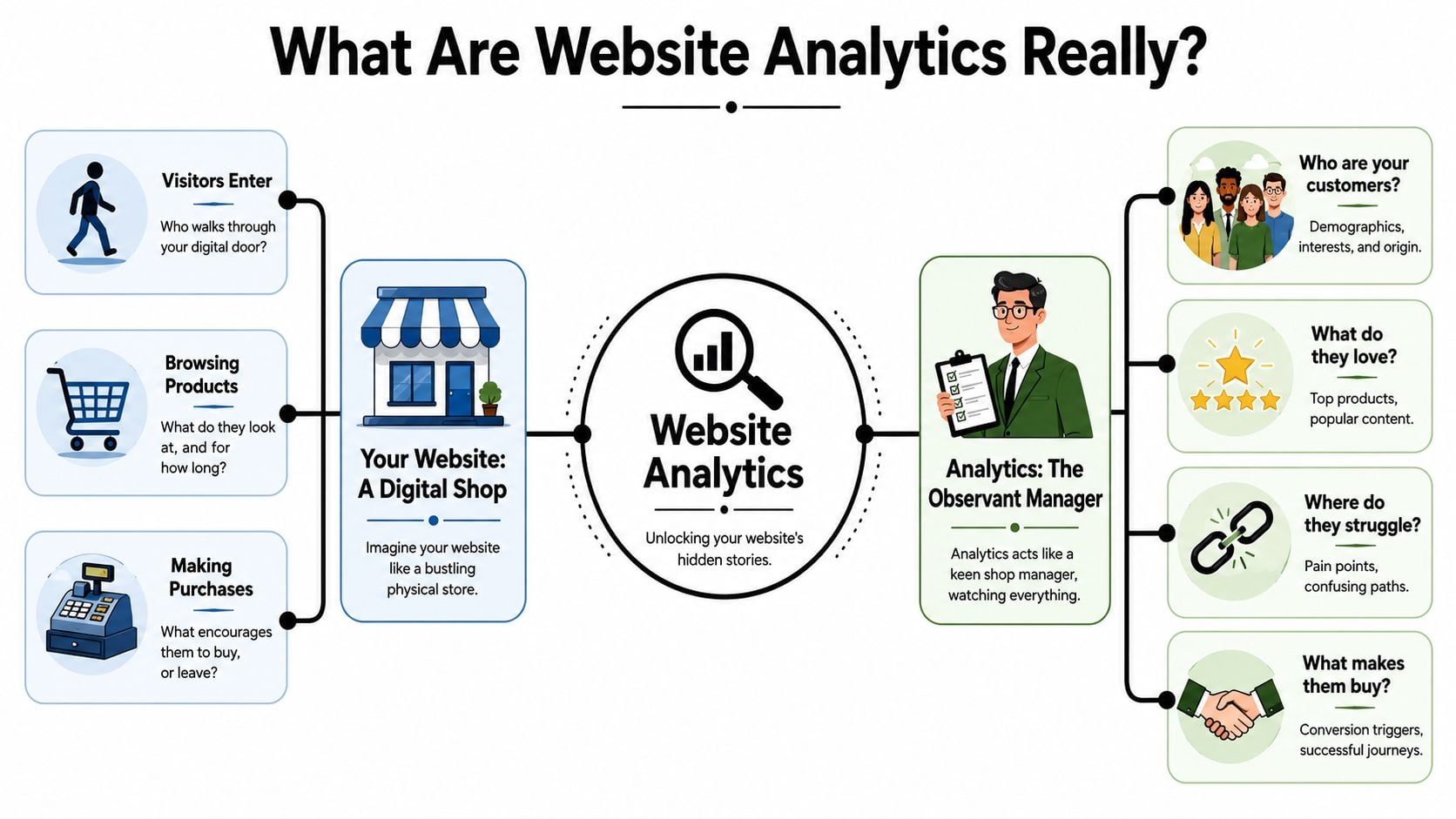 An infographic titled What Are Website Analytics Really? illustrating website data tracking using a digital shop metaphor.