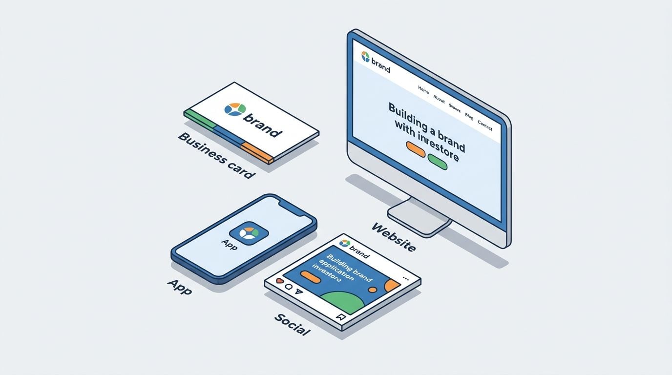 A 3D isometric illustration showing brand identity design deliverables including business cards, a website, app, and social media.