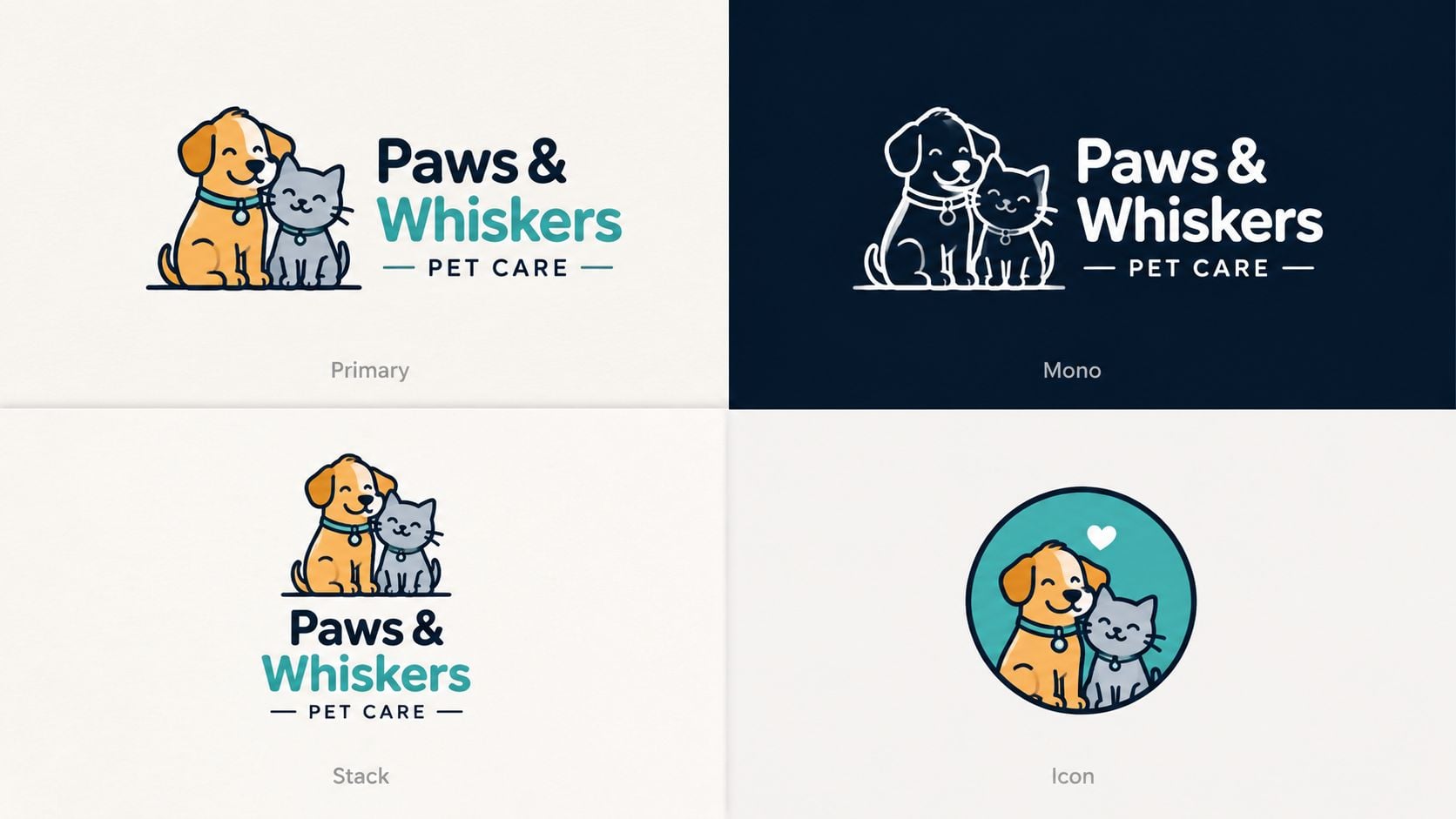 A comprehensive brand identity kit for a pet care business featuring logo variations and icon designs.
