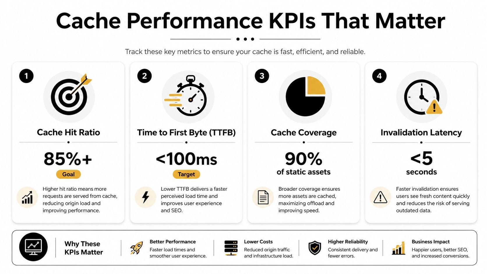 An infographic showing four key performance indicators for effective website caching: Hit Ratio, TTFB, Coverage, and Invalidation Latency.