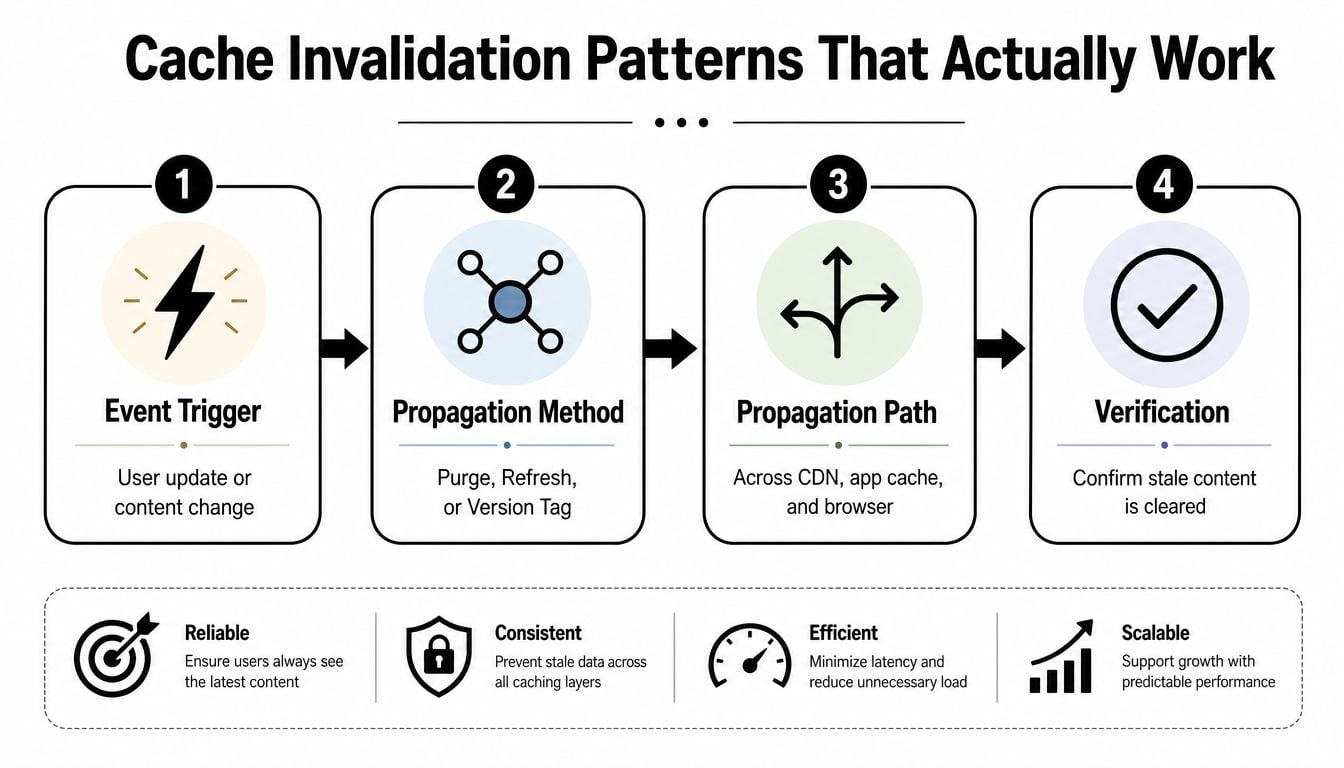 A diagram illustrating the four steps of cache invalidation patterns, including event triggers, propagation methods, paths, and verification.
