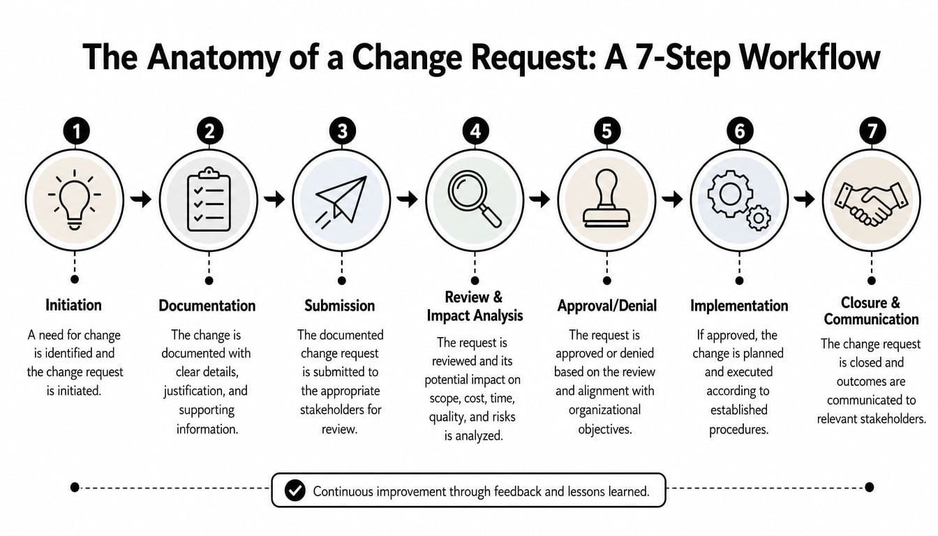 A diagram outlining a seven-step workflow for the change request process, from initiation to closure.
