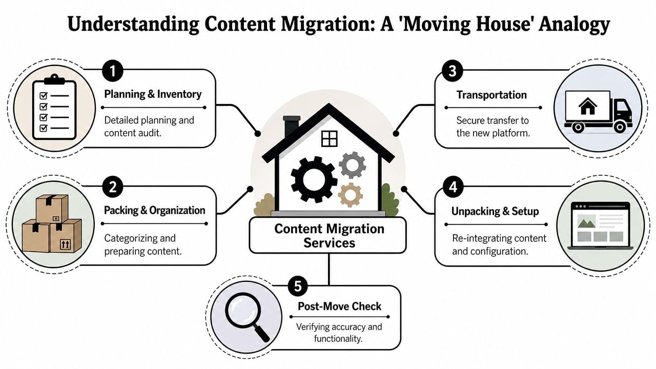 A diagram illustrating the content migration process using a house moving analogy with five numbered steps.