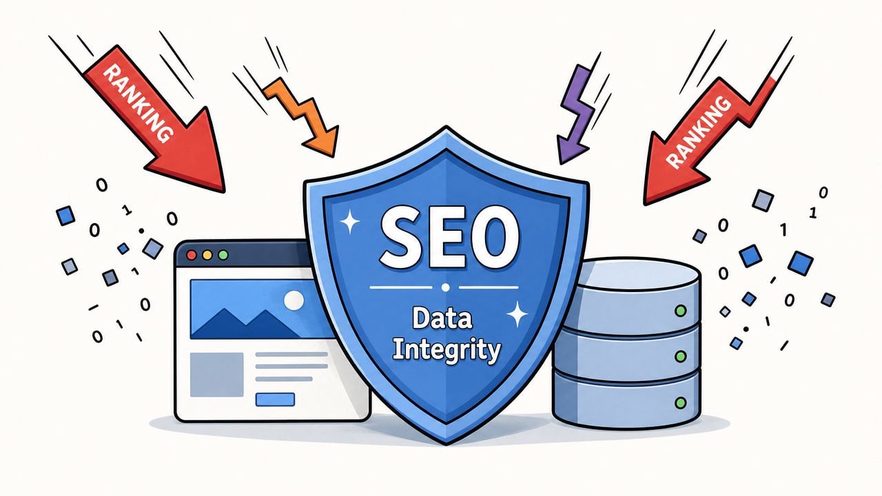 A protective shield symbolizing SEO data integrity defending against downward trending search ranking arrows and data loss.