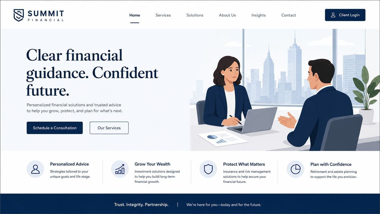 A professional financial services website homepage featuring a meeting between an advisor and a client.