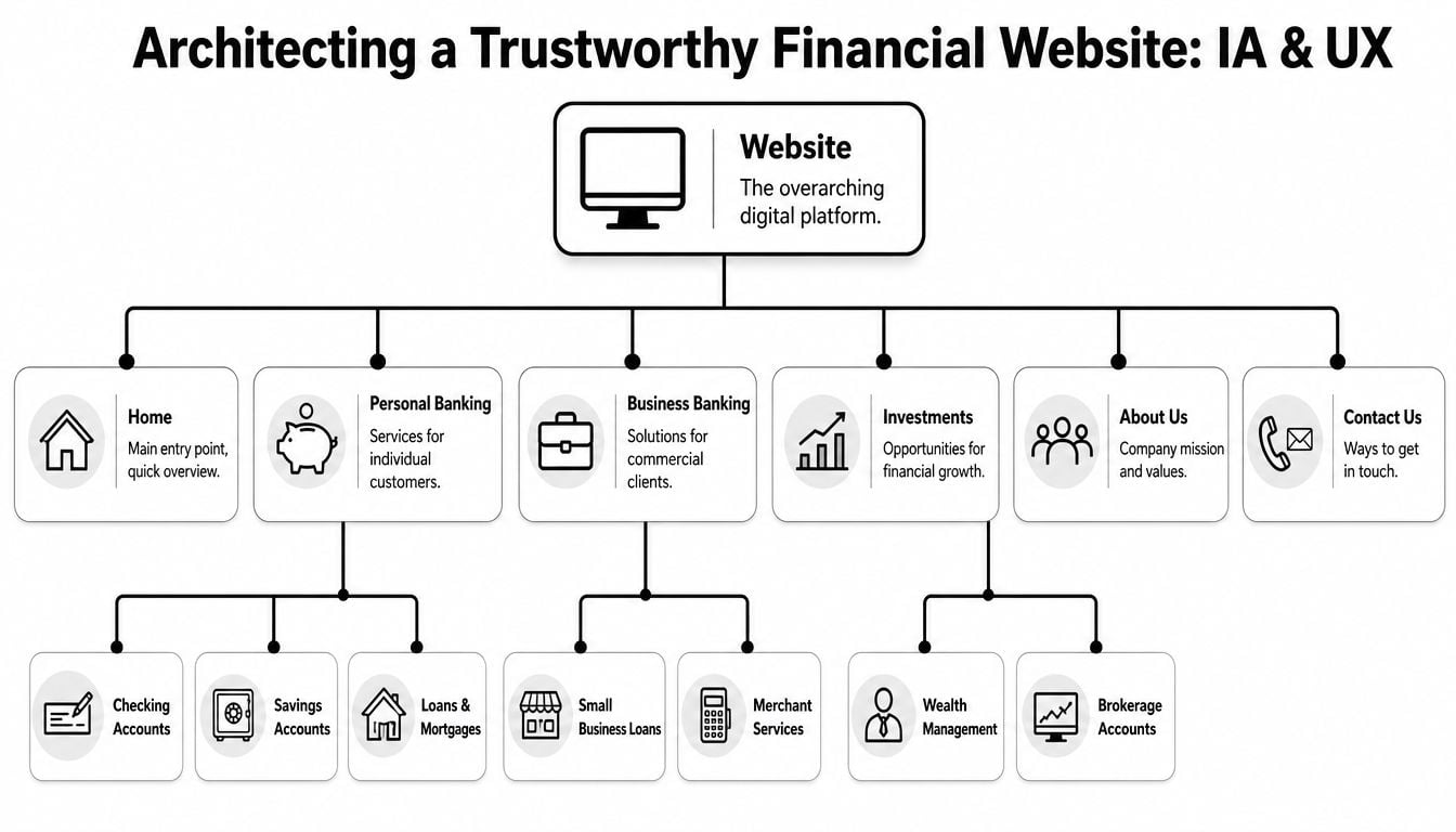 A diagram illustrating the information architecture for a comprehensive and trustworthy financial services website structure.