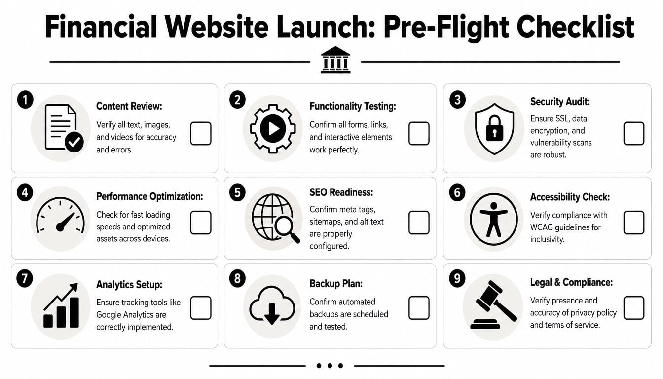 A comprehensive nine-step pre-flight checklist for launching a professional financial services website, presented in a structured infographic.