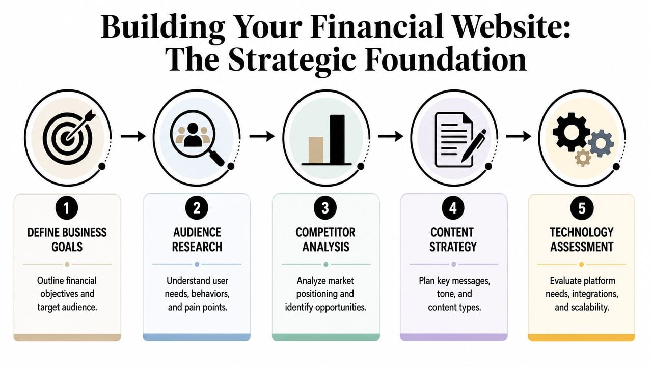 A five-step strategic process infographic for building a professional financial services website effectively.