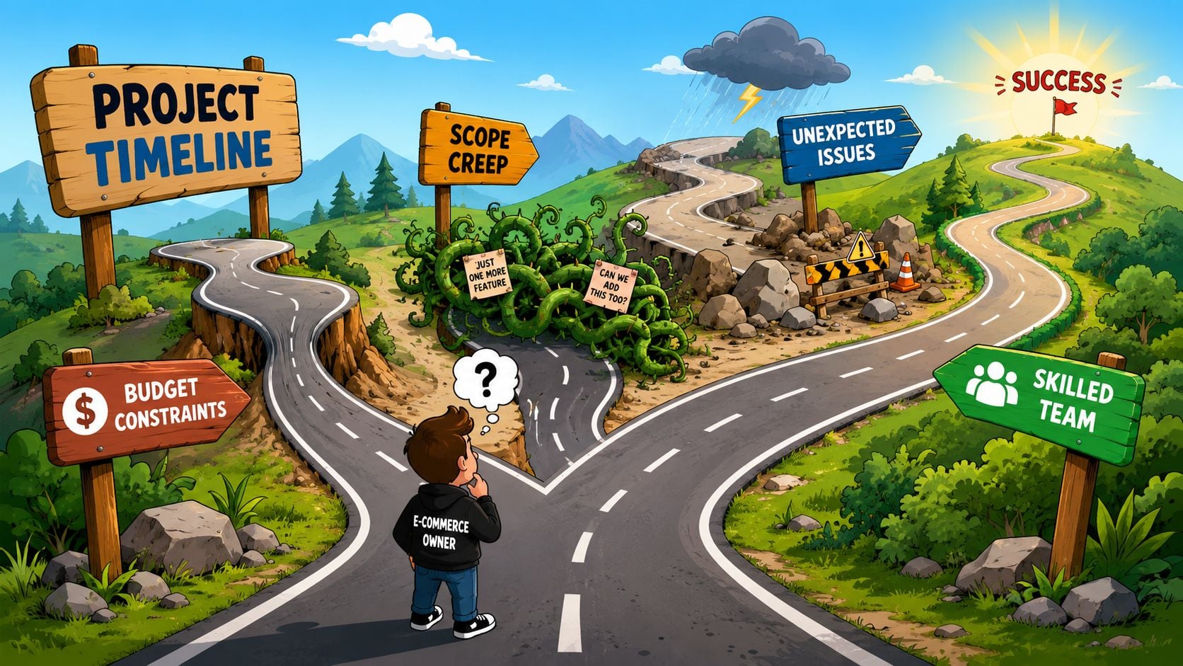 An e-commerce owner stands at a fork in the road facing challenges like scope creep and budget constraints.