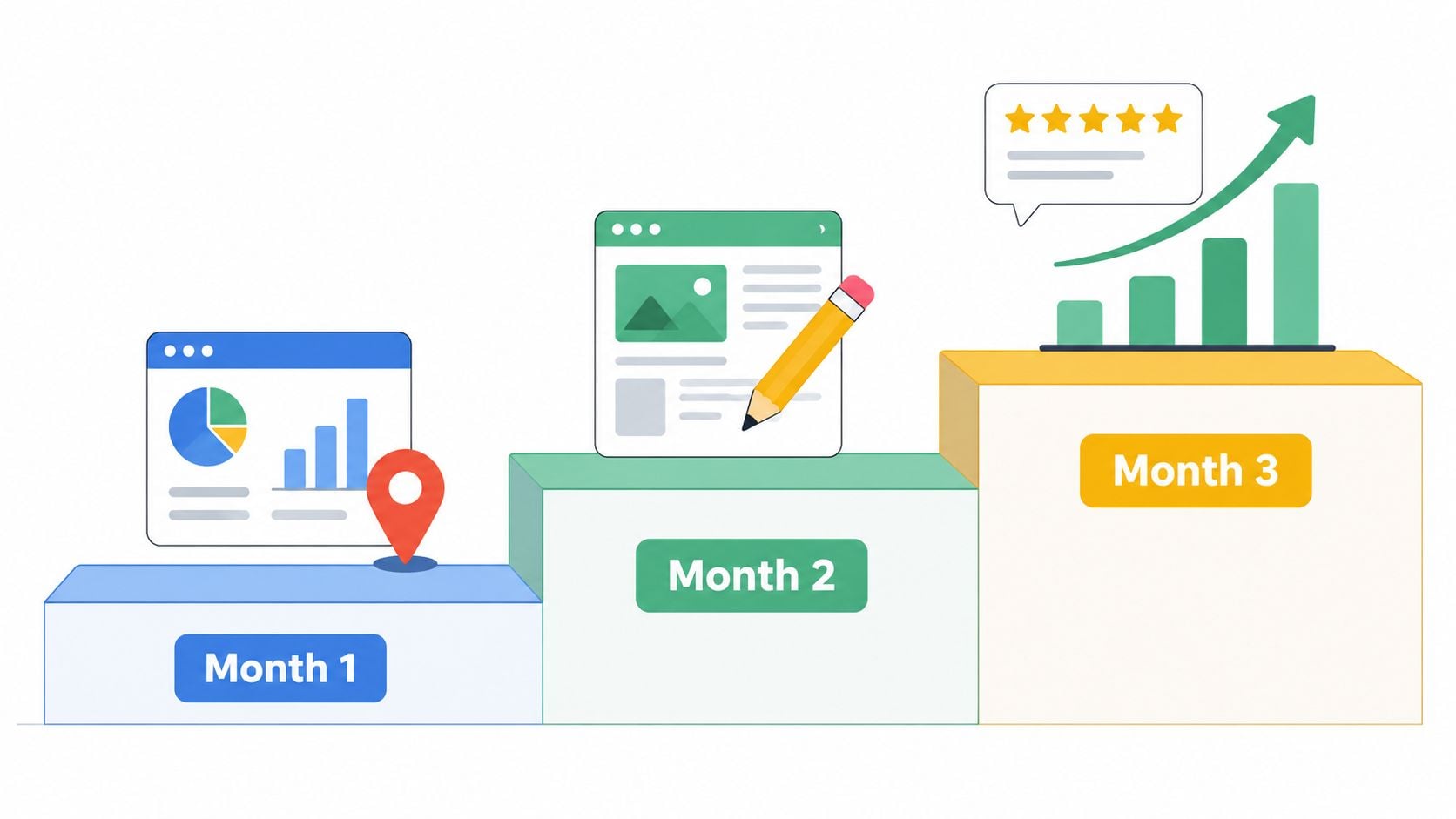 A three-step process illustration showing business growth, data analytics, content creation, and positive customer feedback ratings.