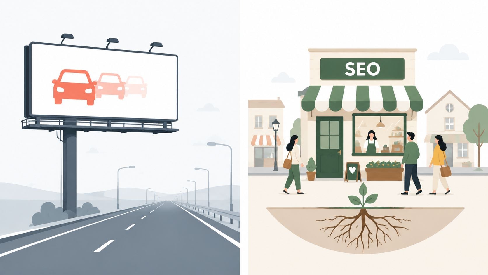 A split image showing a highway billboard next to a small local business focused on SEO strategy.