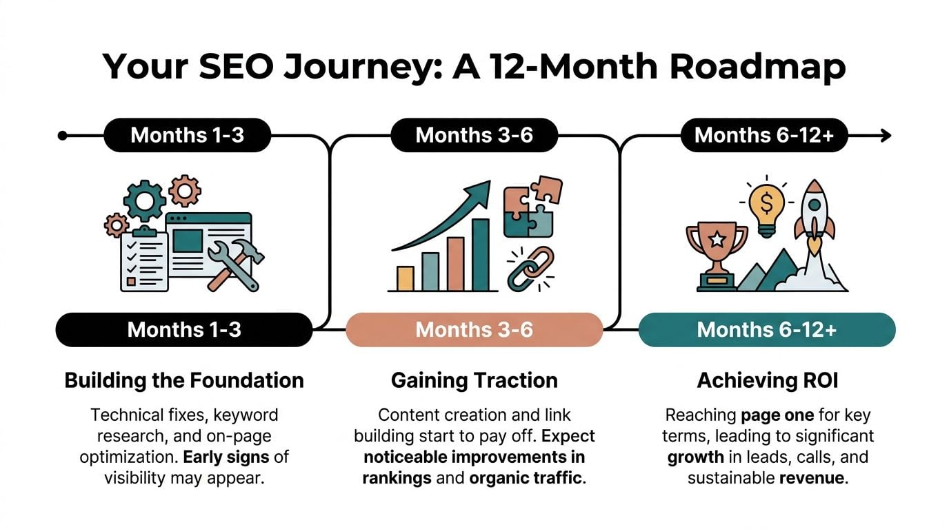 A 12-month SEO roadmap chart showing three phases: foundation, gaining traction, and achieving business return on investment.