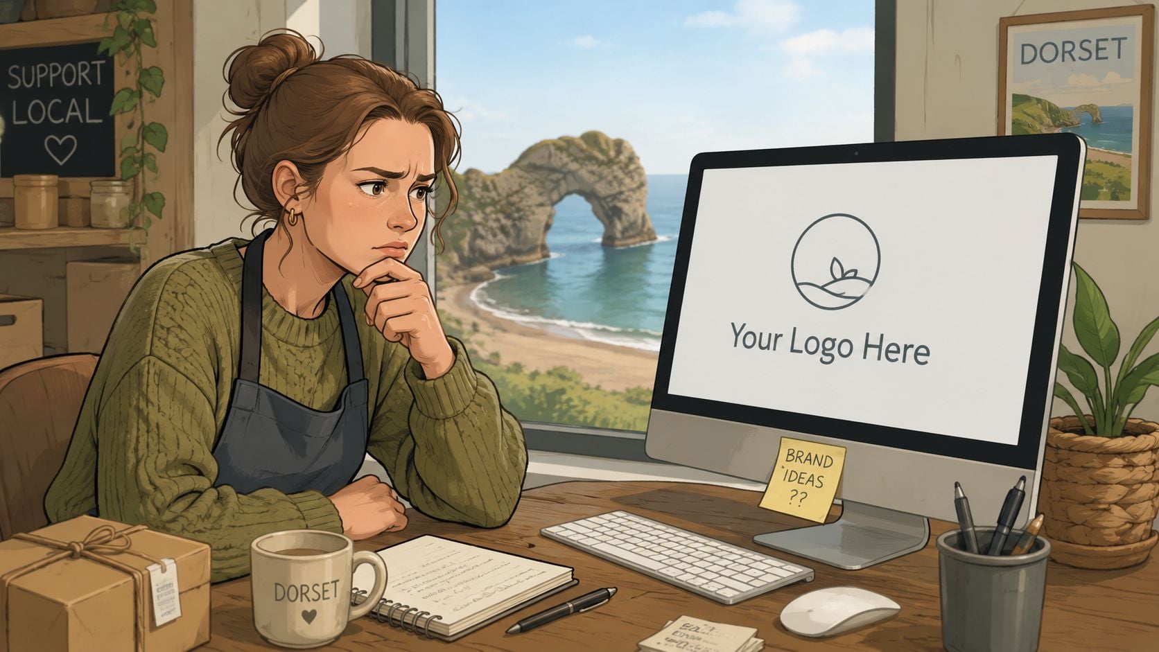 A pensive woman designing a logo on her computer in an office with a scenic coastal view.