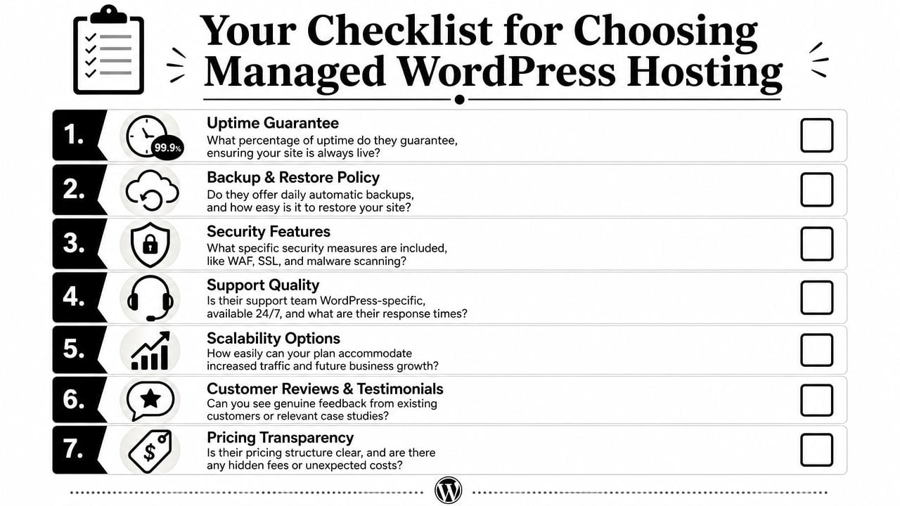 A checklist infographic outlining seven key factors to consider when choosing a managed WordPress hosting provider.