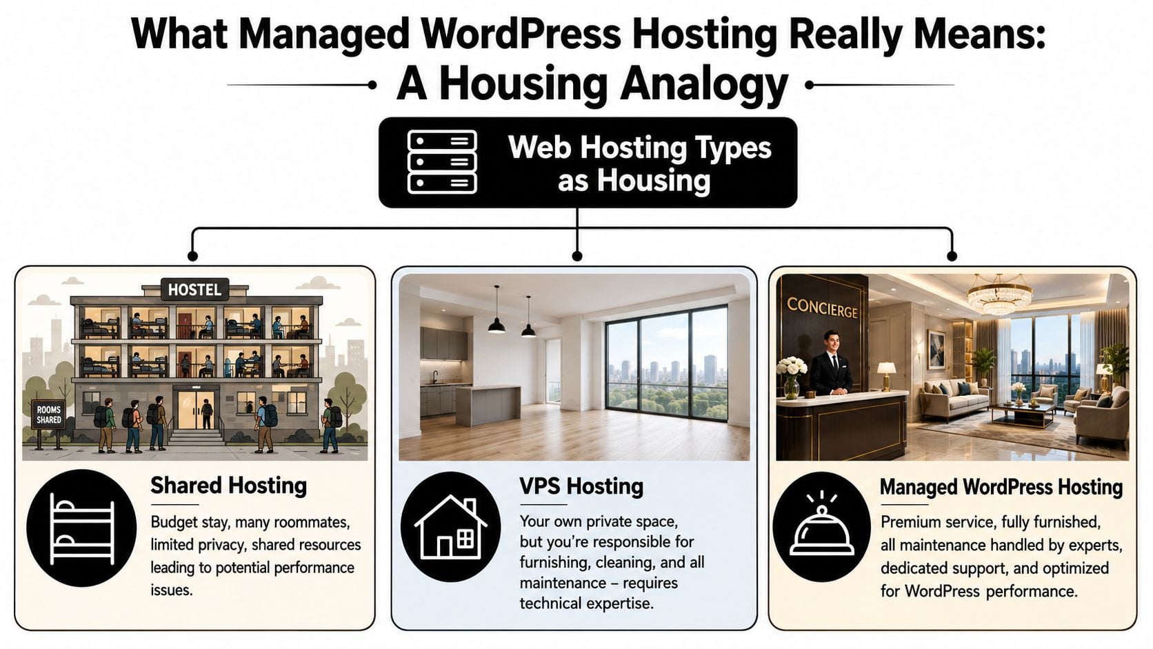 An infographic comparing shared hosting, VPS, and managed WordPress hosting using a housing and hotel analogy.