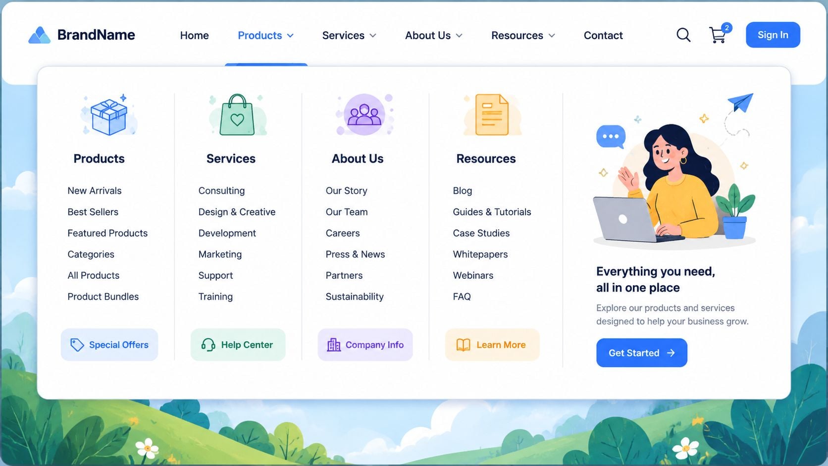 A clean, user-friendly mega menu navigation design displaying product categories, services, company information, and helpful resources.