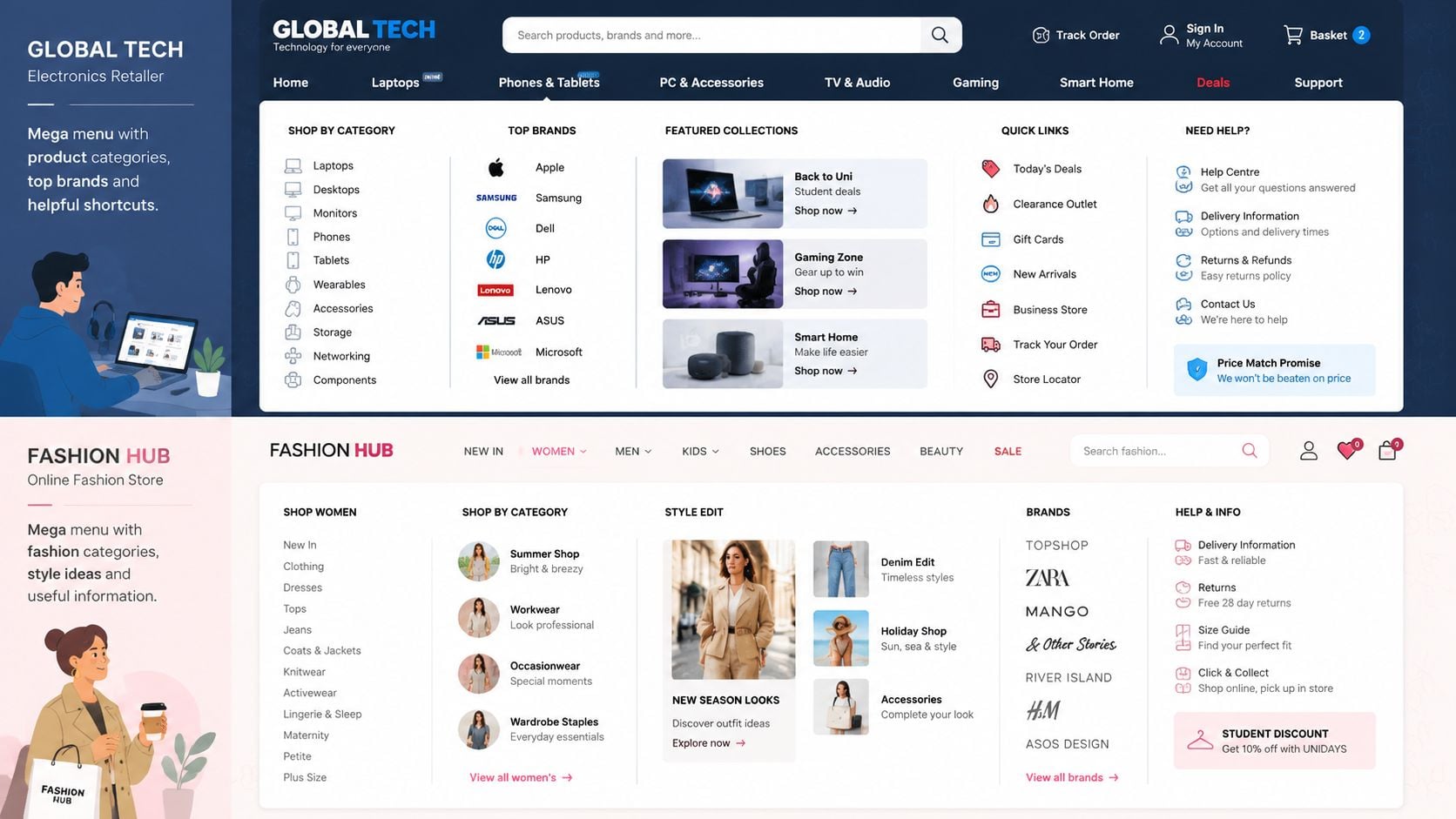 An example of a website mega menu design for both an electronics retailer and a fashion store.
