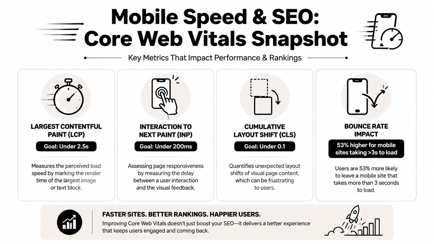 An infographic showing Core Web Vitals metrics like LCP, INP, and CLS for mobile website performance.