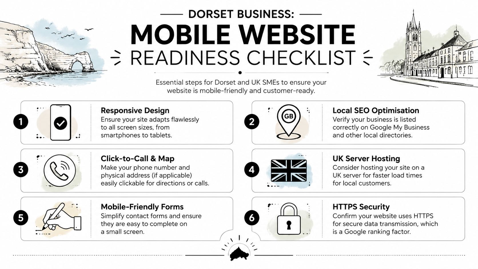 An infographic titled Dorset Business Mobile Website Readiness Checklist featuring six essential tips for small business owners.