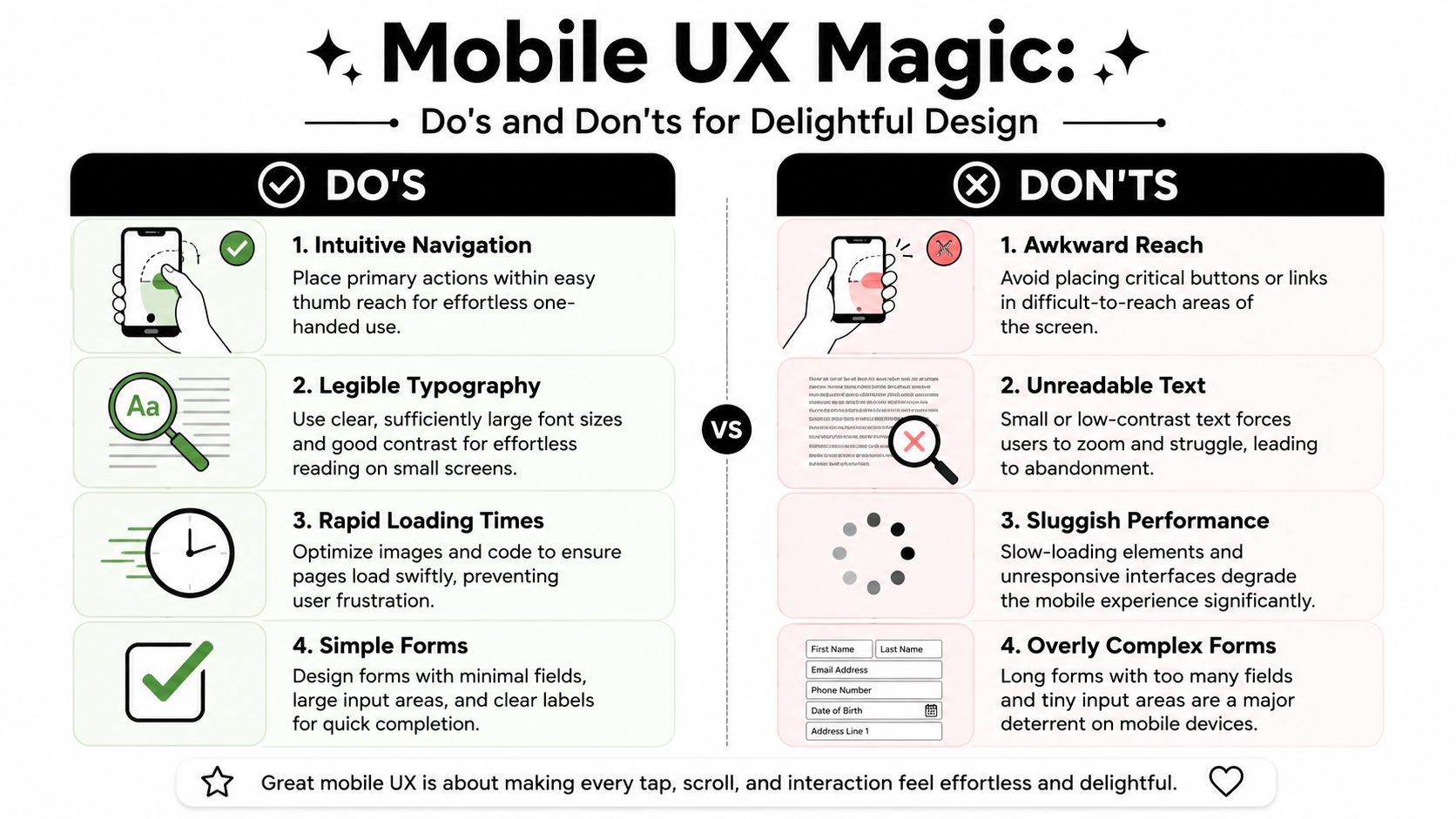 An infographic comparing mobile UX do's and don'ts for designing better, more accessible mobile websites.