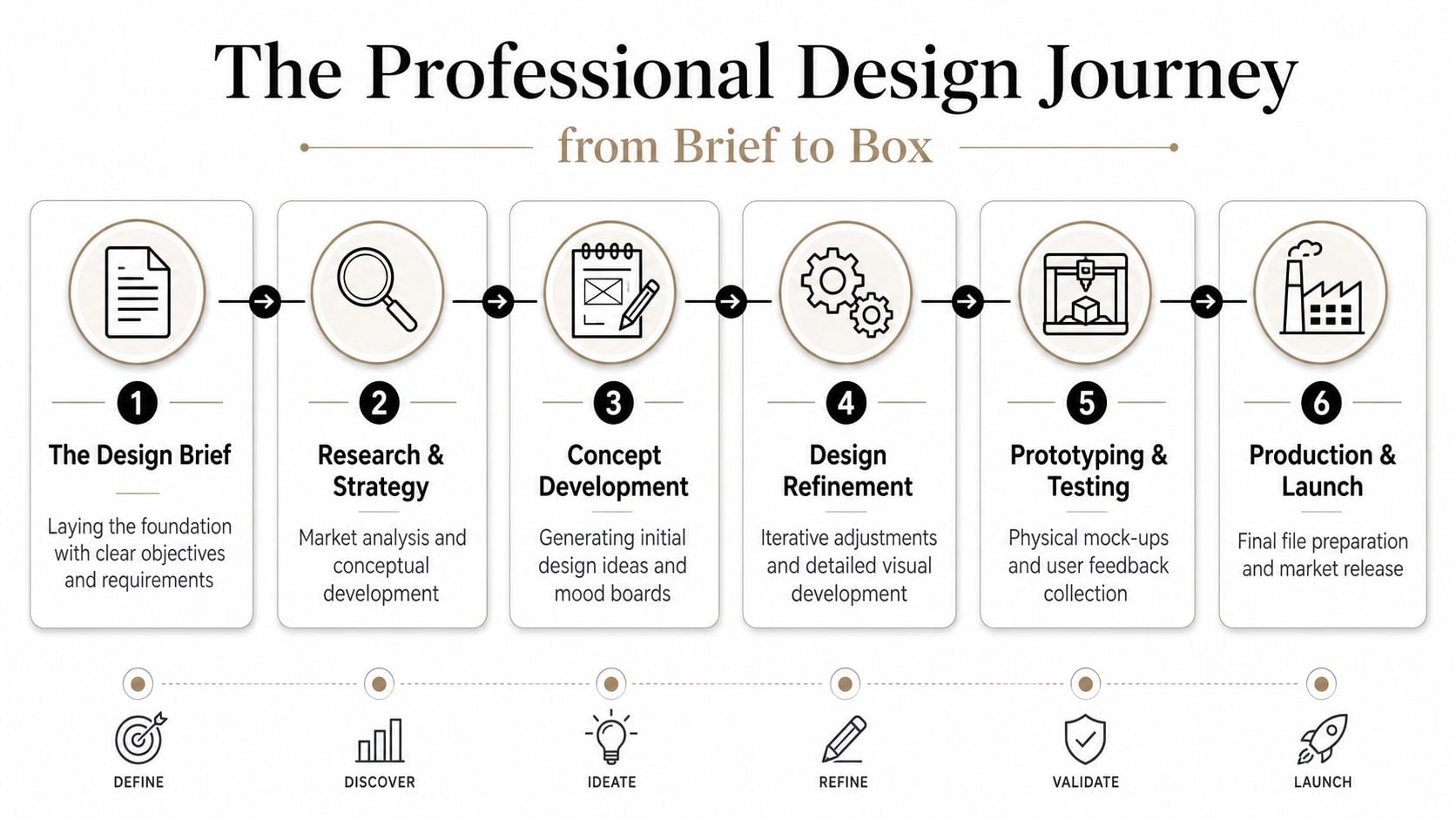 An infographic showing the six stages of the professional design process from initial brief to final launch.