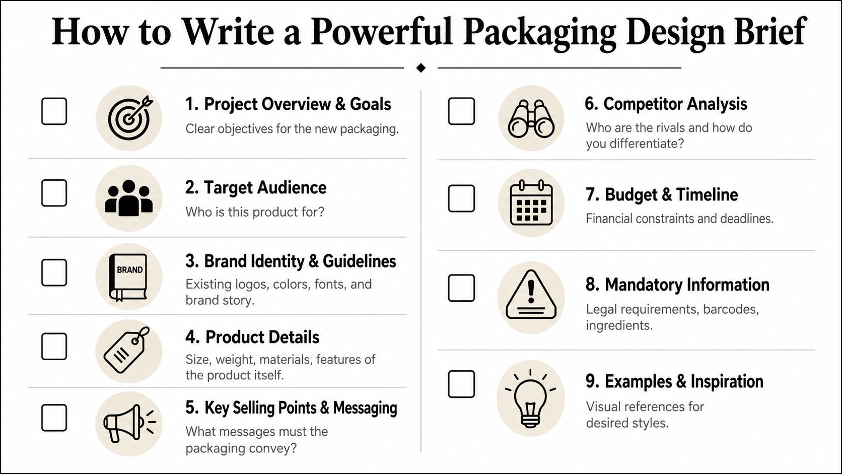 A checklist infographic titled How to Write a Powerful Packaging Design Brief with nine essential planning steps.