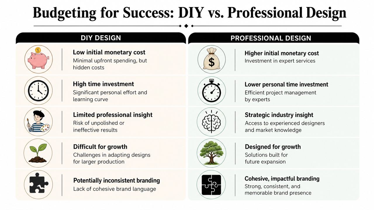 A comparison chart outlining the pros and cons of DIY versus professional design services for businesses.