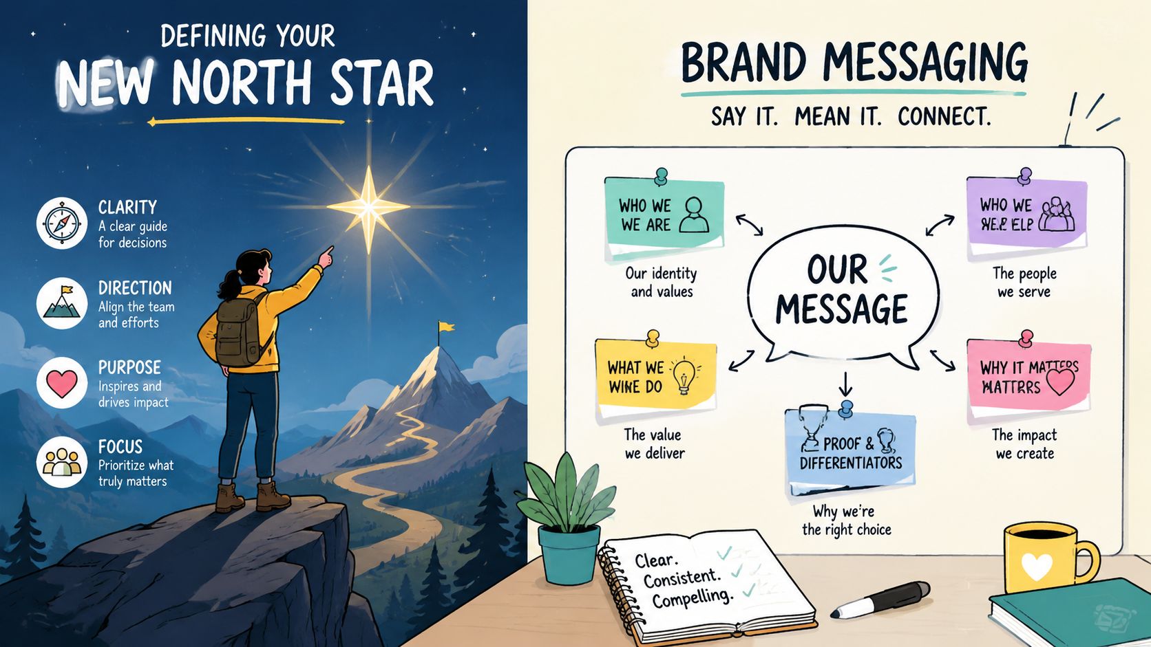 A visual guide explaining brand messaging and defining a north star mission for business strategy and success.