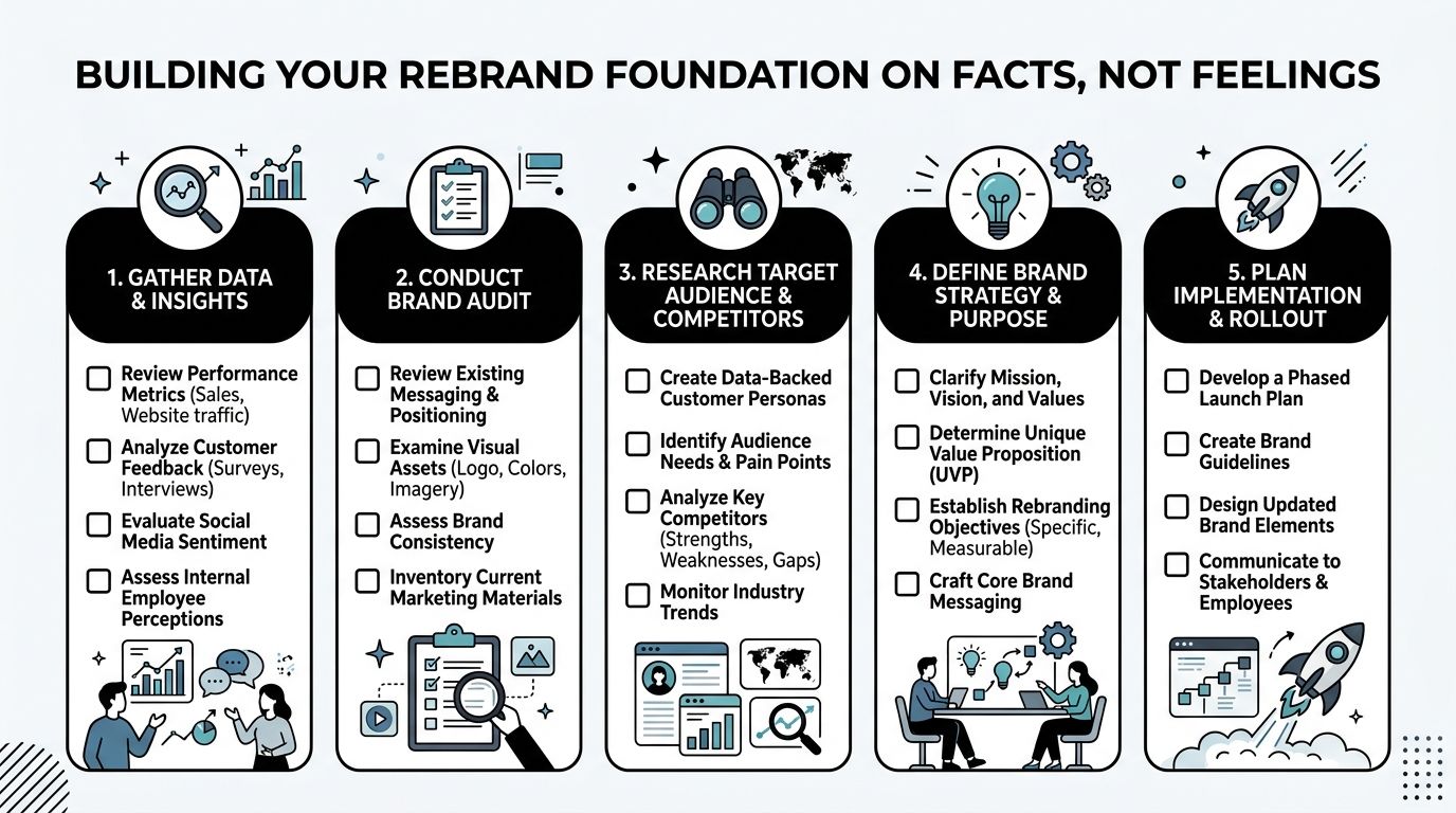 A five-step infographic showing a data-driven process for building a professional rebranding strategy on facts.