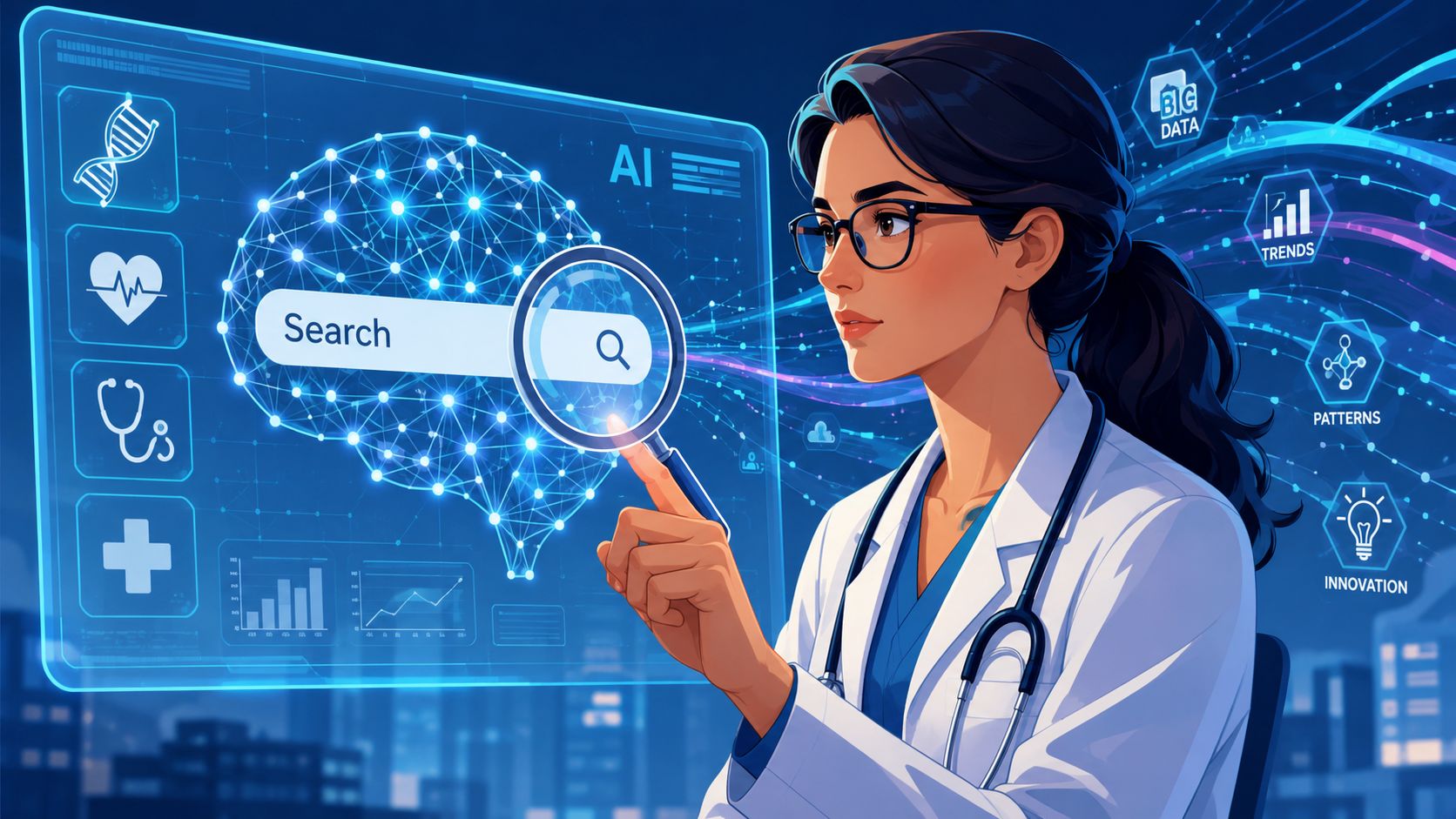 A female doctor using a futuristic holographic interface with AI brain visualization to conduct medical research.