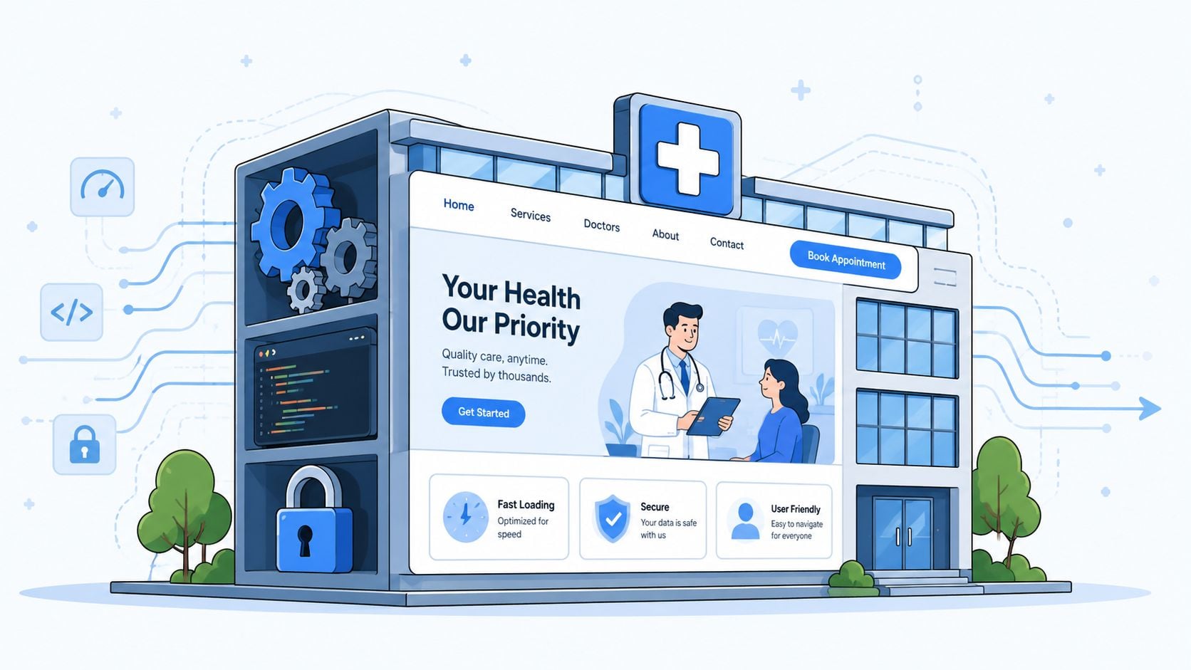 A 3D illustration of a hospital building integrated with digital web development elements for medical services.