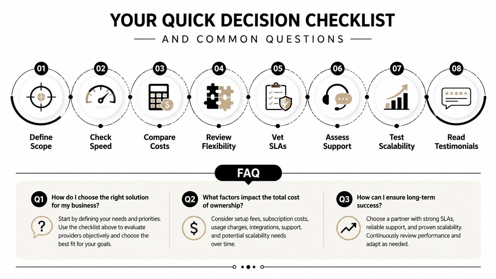 A structured business infographic checklist for evaluating and choosing professional service providers and technical solutions.
