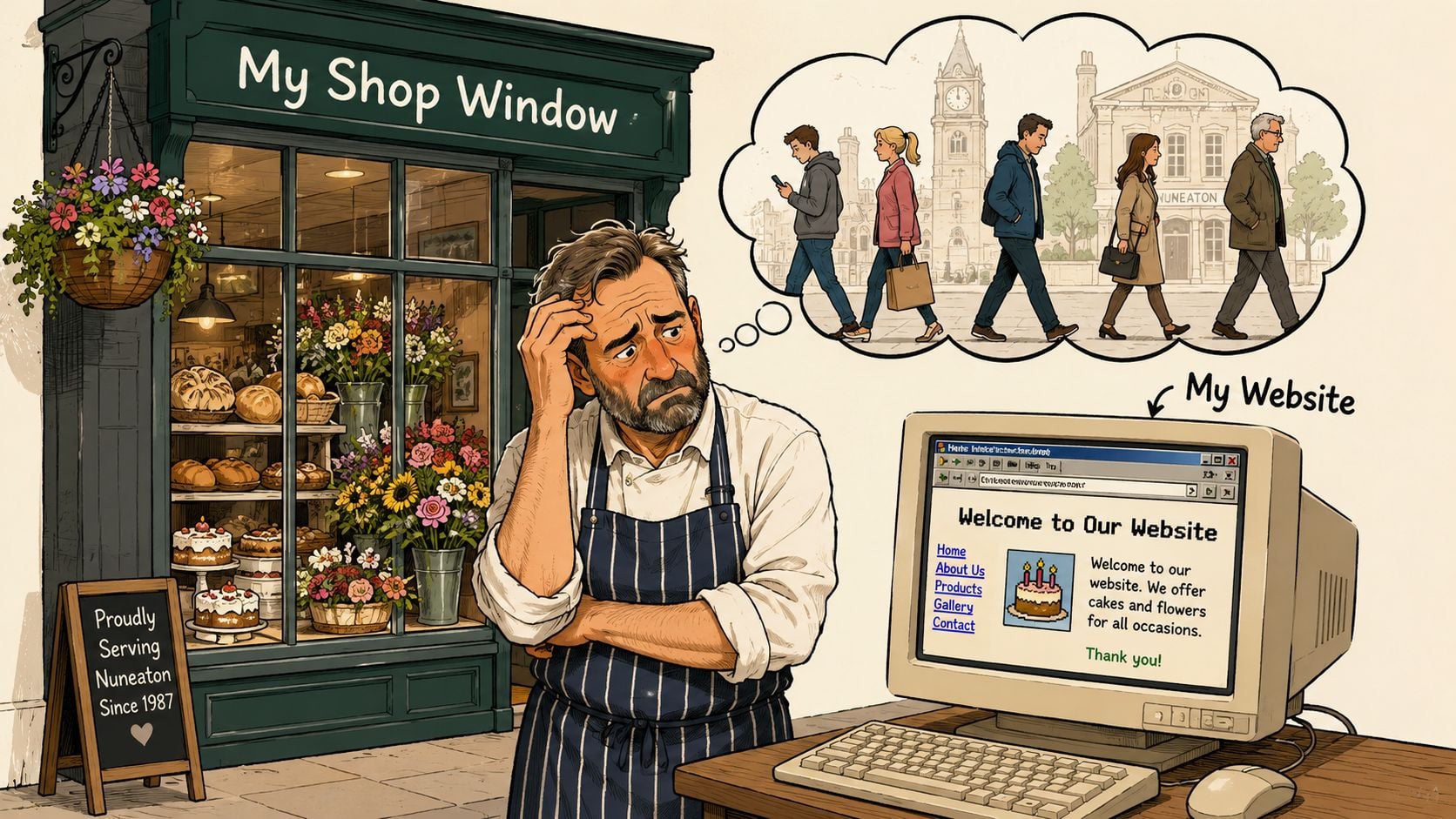 A concerned shop owner looks at an outdated computer screen while imagining pedestrians walking past his store.