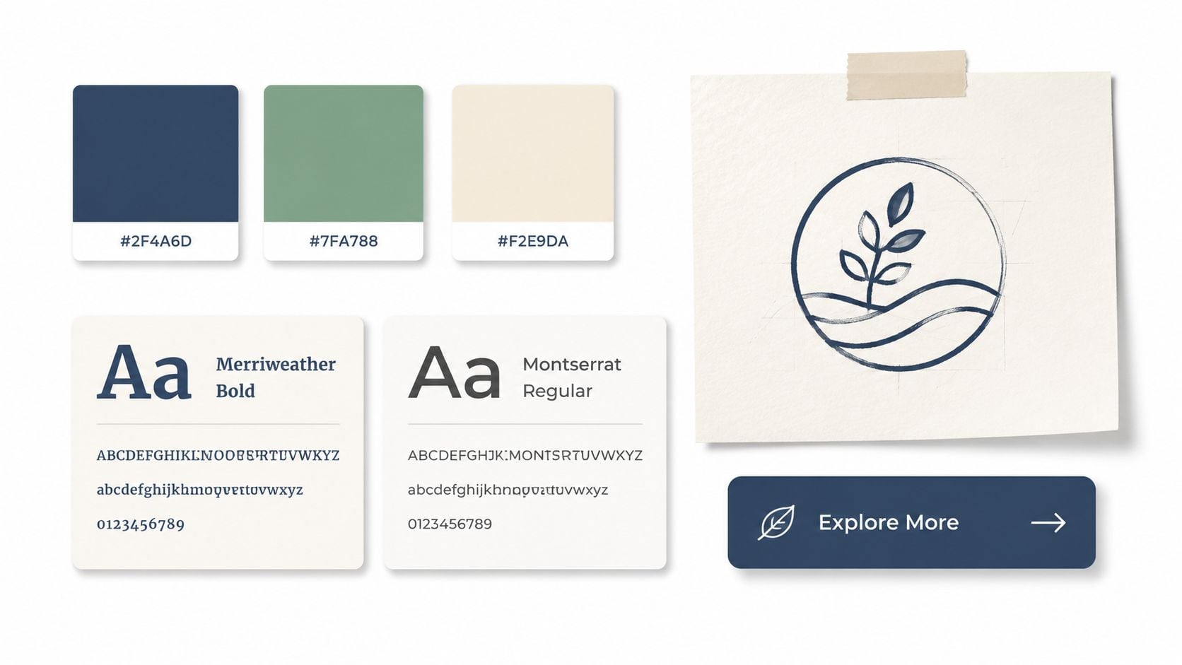 A design presentation showing color palettes, font choices, and a hand-drawn logo sketch for a website project.